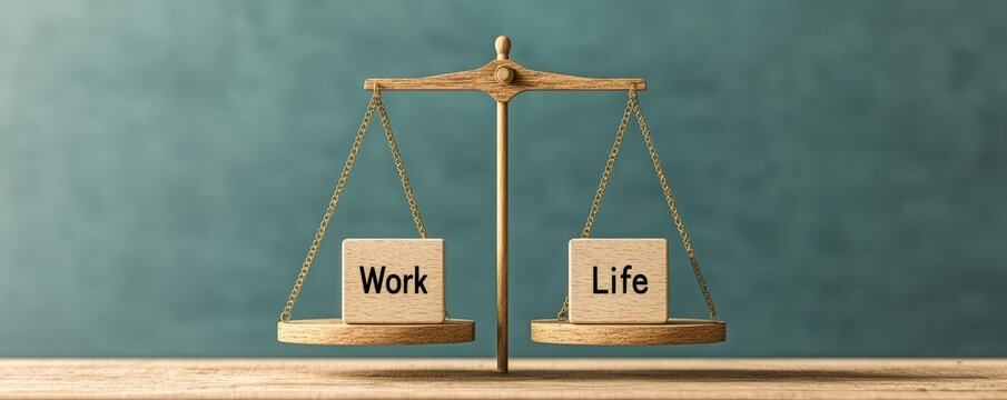 The image depicts a balance scale with "Work" and "Life" on opposite sides, symbolizing the balance between professional and personal life.