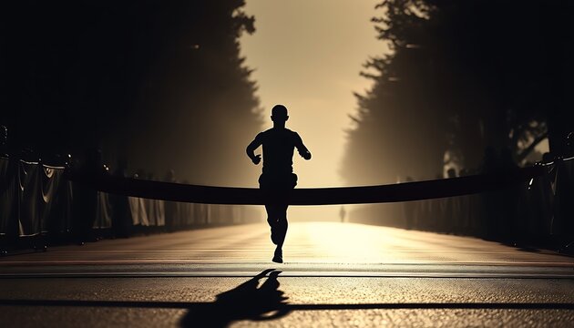 Silhouette of a marathon runner crossing the finish line.