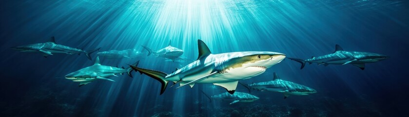 Fototapeta premium A majestic shark swimming gracefully through blue ocean waters.