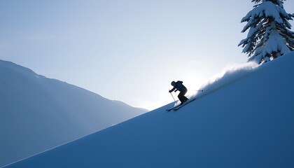 Silhouette of a skier racing down a snowy slope.