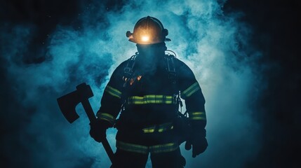 Fototapeta premium A brave firefighter stands silhouetted against dramatic smoke, ready for action.