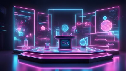 Fototapeta premium A high tech podium with a holographic interface showcasing products with vibrant neon highlights, Ai Generated