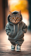 Chubby cat strutting confidently in a trendy oversized hoodie with tiny sneakers in a modern urban background