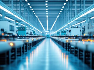 Obraz premium A modern industrial warehouse with bright lighting and machinery.