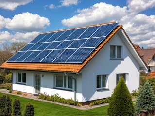 A modern home with solar panels under a clear blue sky.