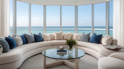 A modern living room with ocean view and cozy seating arrangement.