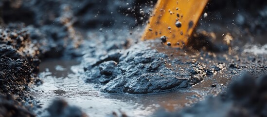 Close-up of a shovel digging into mud with water splashing up.