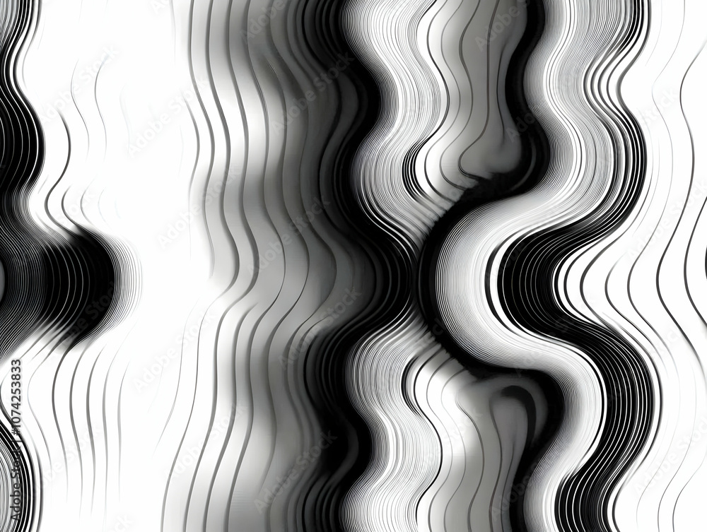 Poster abstract black and white wave pattern with flowing lines creating a dynamic visual effect.