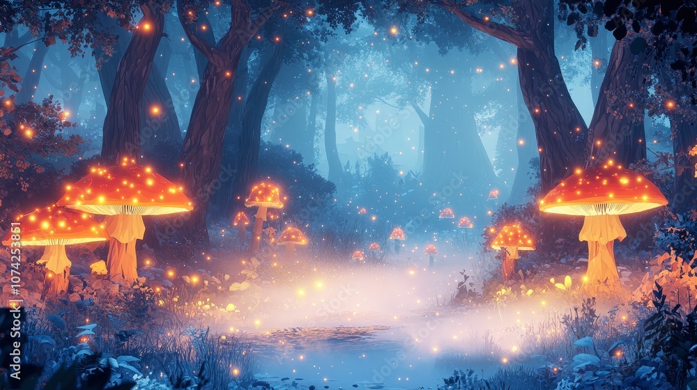Poster enchanted forest scene with glowing mushrooms, ethereal light, and dreamlike atmosphere creating a m