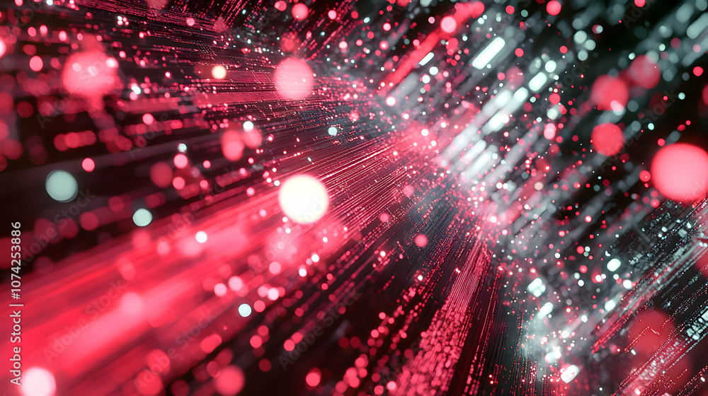 Poster abstract digital light rays bursting in dynamic patterns, showcasing vibrant red tones against a dar