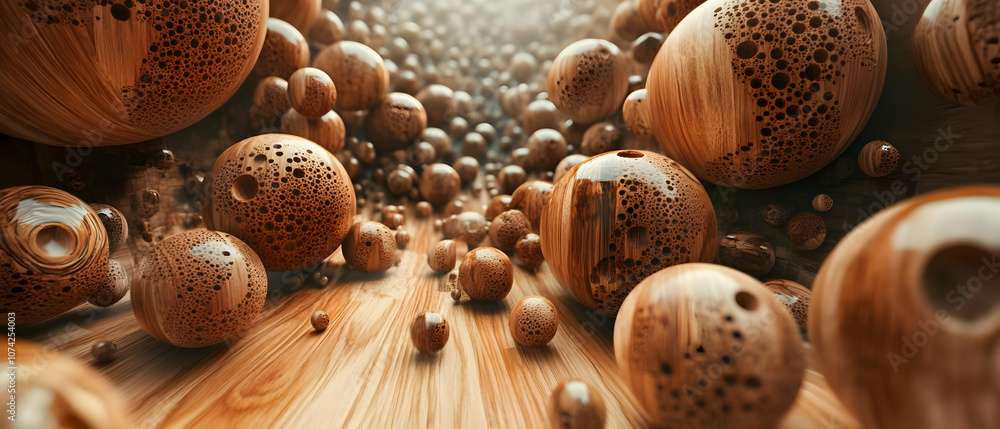 Poster an abstract view of wooden spheres on a textured surface, creating a sense of depth and creativity.