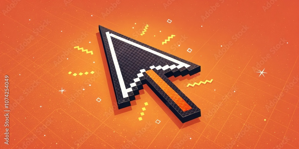Poster set against an intense neon orange background a pixel art cursor arrow in sharp black stands out ado