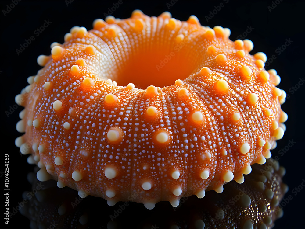 Poster an intricate orange sea creature showcasing unique textures and forms against a reflective surface.