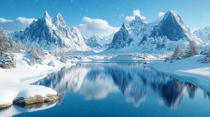 mesmerizing night scene in Norway under a clear, star-studded sky with the Milky Way stretching across the horizon. Snow-covered mountains and serene water add depth to the tranquil, breathtaking land