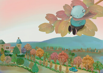 秋の田舎と洋服を着たネズミの絵