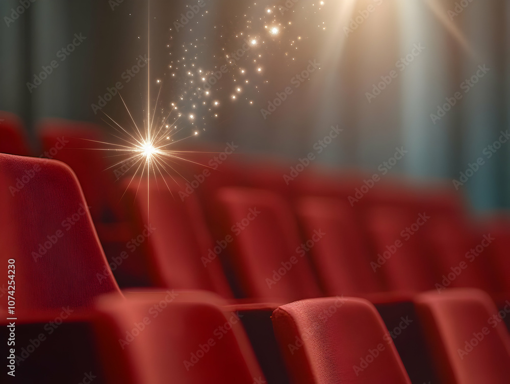 Poster a captivating glimpse of red theater seats illuminated by sparkling light, creating an enchanting at