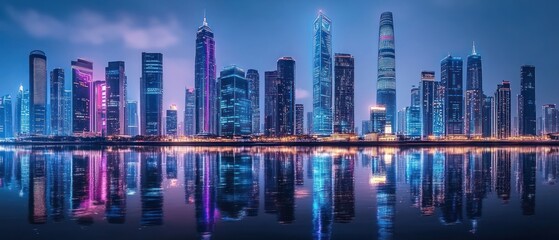 A vibrant city skyline at night reflecting on water, showcasing modern architecture and lights.