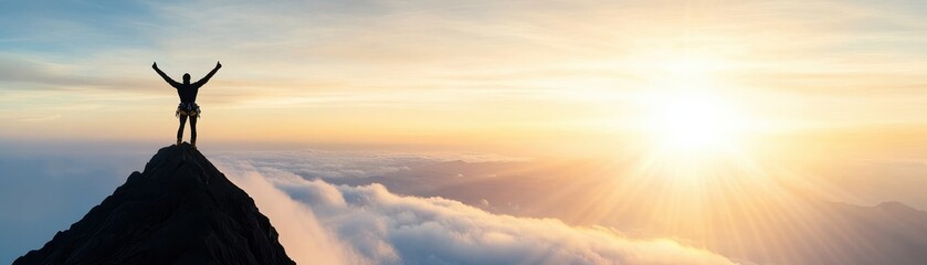 A person stands triumphantly on a mountain peak at sunrise.
