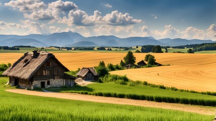 Poland a rustic countryside scene with a traditional polish cottage rolling wheat fields, Ai Generated