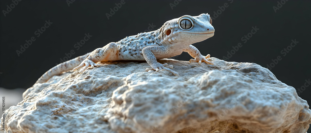 Poster A close-up of a gecko resting on a rock, showcasing its unique texture and colors in a natural environment.