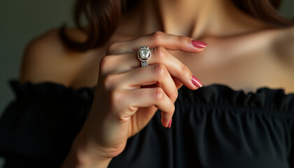 Beautiful woman posing and showing her hand with a diamond ring on her finger