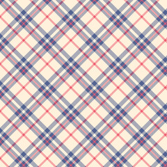 A diagonal plaid or tartan pattern, with intersecting lines forming blue, red, and beige diamond shapes. The design features a crisscross arrangement and maintains a traditional plaid aesthetic.