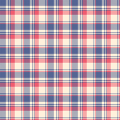 A classic plaid or tartan pattern with red, blue, and beige intersecting lines creates a grid-like design. The design has a balanced, uniform arrangement with alternating square sections.