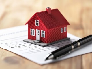 A red house model on paperwork with a pen symbolizing real estate.
