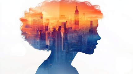 A creative double exposure of a woman's silhouette blended with a city skyline.