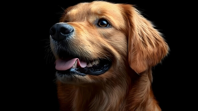 A close-up portrait of a golden retriever showcasing its friendly expression and beautiful fur against a dark background.
