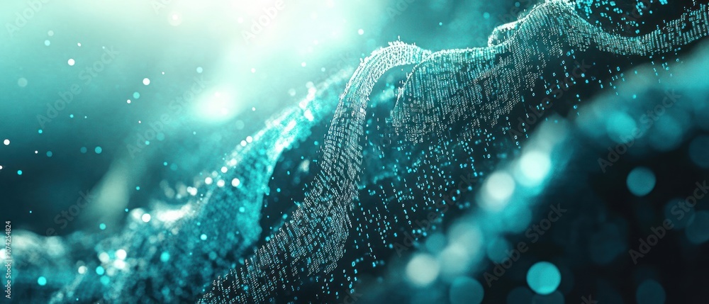 Poster abstract digital wave with particles, creating a serene and immersive atmosphere.