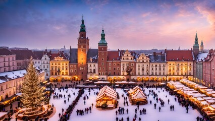 Obraz premium Poland a winter scene in krakws market square with colorful buildings a Christmas market, Ai Generated