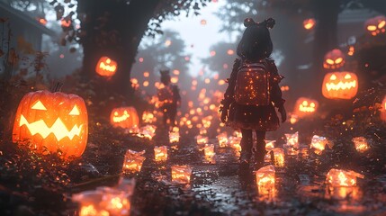 Enchanted Halloween Forest with Glowing Candy Wrappers and Jack-o&rsquo;-Lanterns Under Mysterious Foggy Atmosphere Capturing Spooky Essence of Fall Celebrations