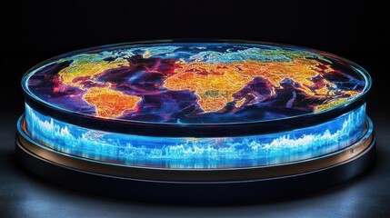 A vibrant, illuminated world map showcasing geographical features and data visualization.