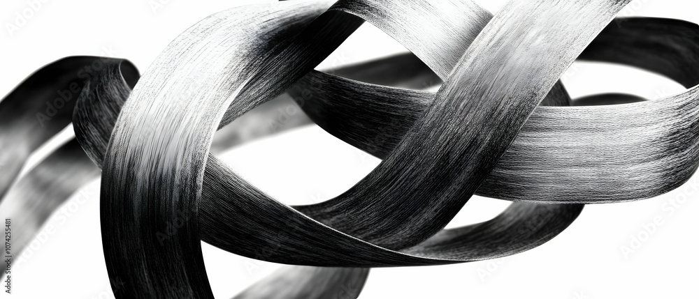 Poster a dynamic abstract composition featuring intertwined black and white strands, creating a sense of mo