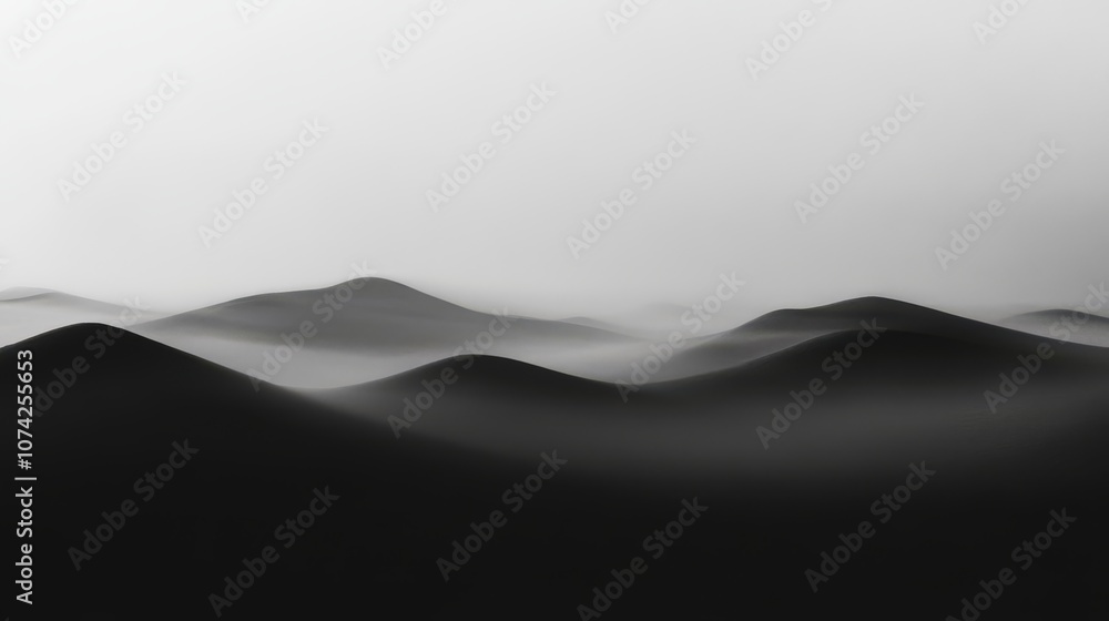 Poster a black and white image of a mountain range with fog obscuring the view.