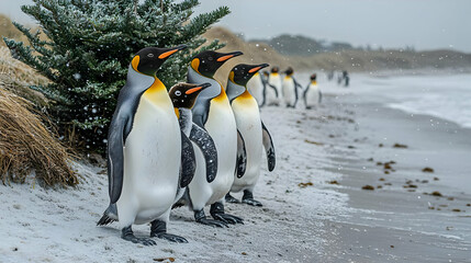 Obraz premium A group of majestic penguins standing on a snowy beach, creating a striking scene against the ocean backdrop.