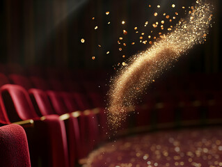 A mesmerizing swirl of golden particles flying through the air in an elegant theater setting, creating a magical atmosphere.