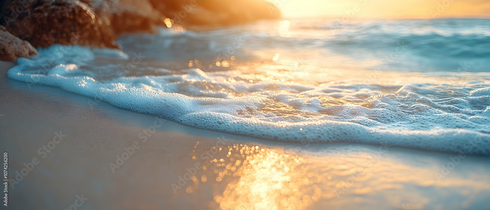 Poster a serene beach scene with gentle waves lapping against the shore at sunset, creating a calming atmos