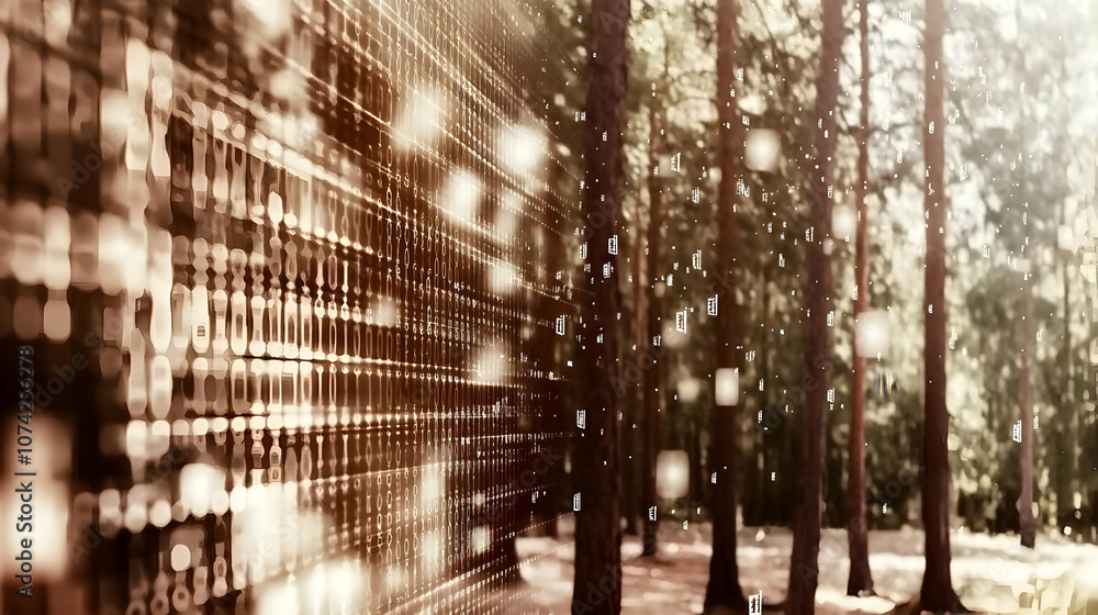 Poster a serene forest scene with sunlight filtering through trees, creating a magical atmosphere of tranqu