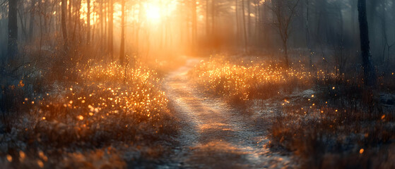 A serene forest pathway illuminated by warm sunlight, showcasing nature's beauty and tranquility at dawn.