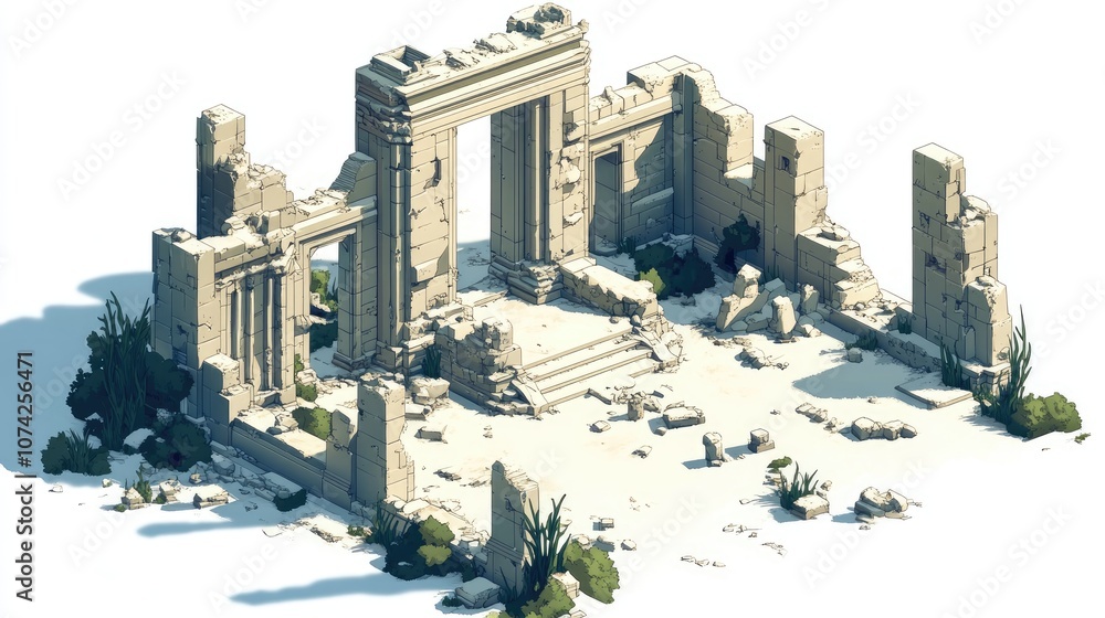 Poster abstract 3d pixelated ruins depicted in an isometric view set against a clean white backdrop 2d cart