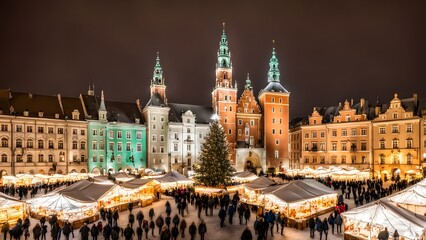 Obraz premium Poland a winter scene in krakws market square with colorful buildings a Christmas market, Ai Generated