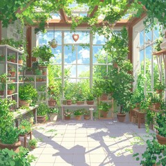 Obraz premium Lush Green Indoor Garden with Sunlight Streaming through Windows, Featuring Abundant Plants, Shelves, and a Heart-Shaped Decorative Element on the Wall