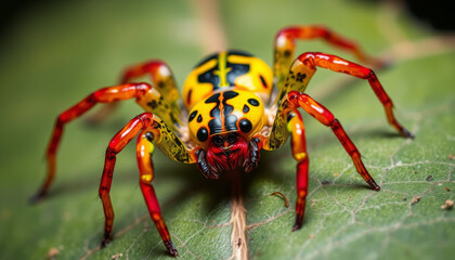 Fototapeta premium Big poison spider sits in the leaf, colored, close up view, macro