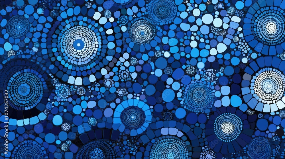 Poster blue circular mosaic and solid representation of a geographic region 2d cartoon style map in various