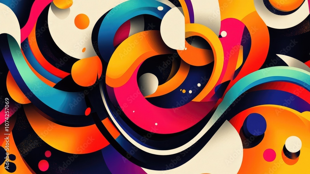Aufkleber colorful circles create dynamic curved lines in a fluid text design for a vibrant 2d cartoon illustr
