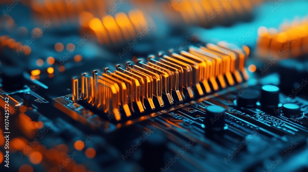 Poster close-up view of circuit board elements highlighting golden pins and electronic components under sof