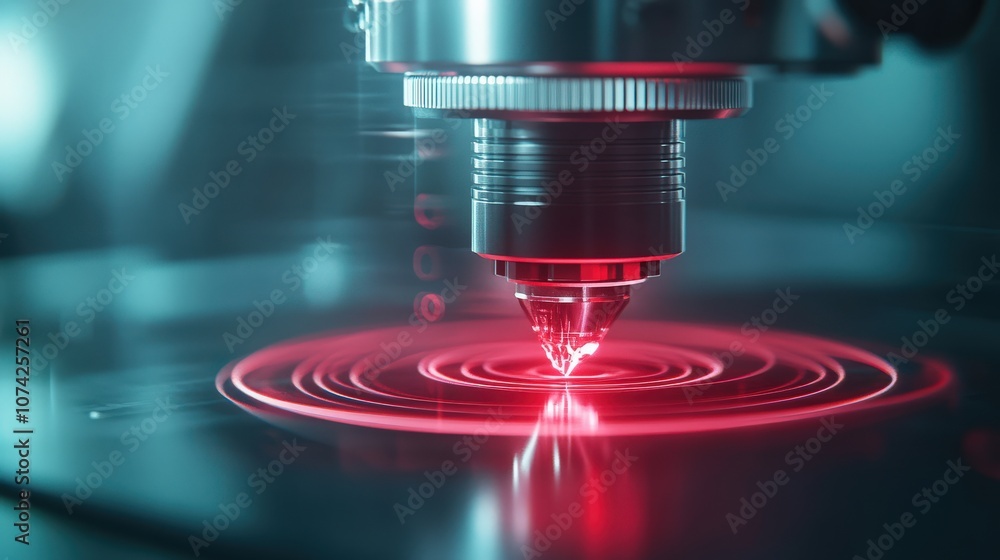 Poster Close-Up of a Precision Laser Cutting Machine in Action with Artistic Light Effects and Dynamic Ripples on a Dark Surface