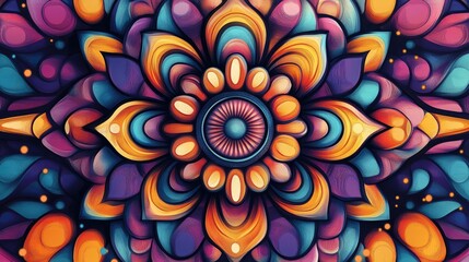 Abstract psychedelic mandala illustration in a 2D cartoon style designed for contemporary fashion fabrics